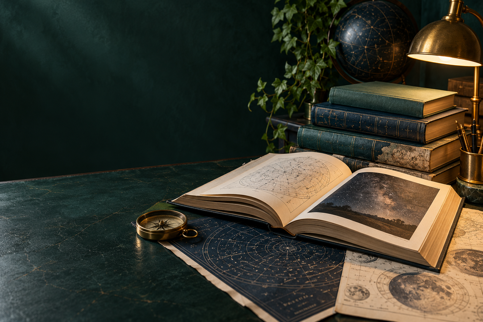 Açık bir kitap, yıldız haritaları ve koyu yeşil bir çalışma masası