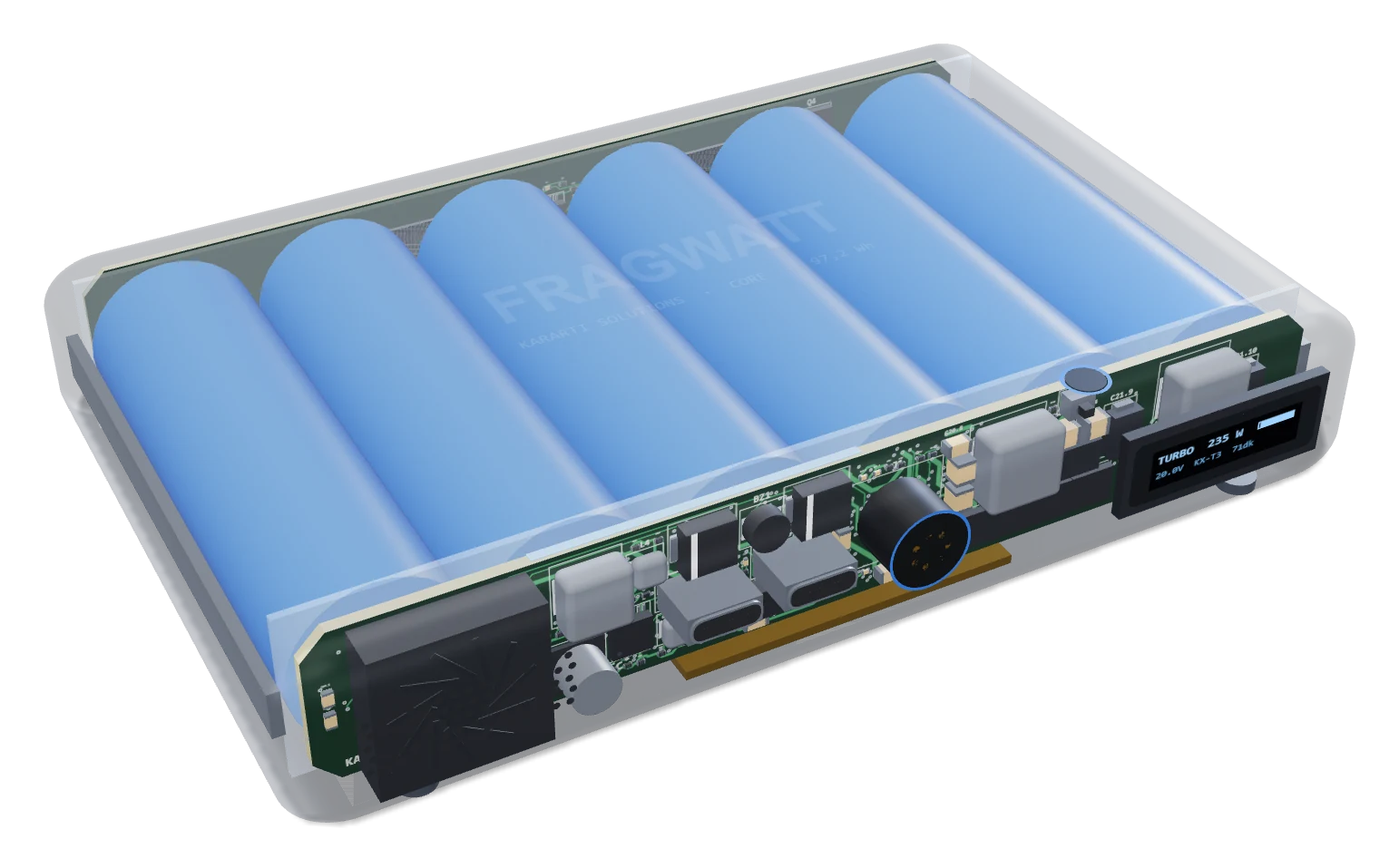FRAGWATT Core internal structure: six 21700 cells, vertical power board on the front, fan and ports, transparent body