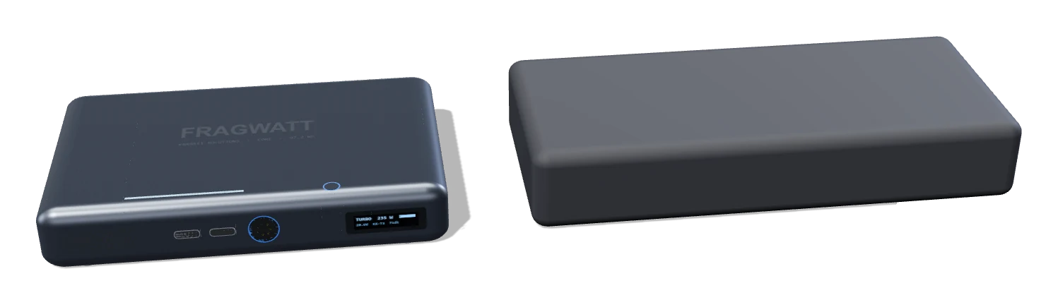 Side by side comparison of FRAGWATT Solo vs 330W laptop adapter