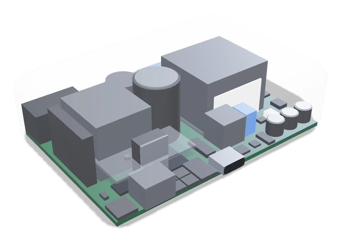 Internal view of Kararti GaN 240 charger with transparent housing: PFC choke, bulk capacitor, LLC transformer, GaN switches and heat spreader, USB-C output